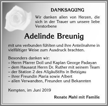 Traueranzeige von Adelinde Breunig von Allgäuer Zeitung,Kempten