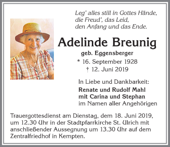 Traueranzeige von Adelinde Breunig von Allgäuer Zeitung,Kempten