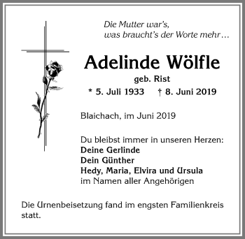 Traueranzeige von Adelinde Wölfle von Allgäuer Anzeigeblatt