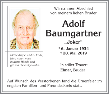 Traueranzeige von Adolf Baumgartner von Allgäuer Zeitung,Kempten