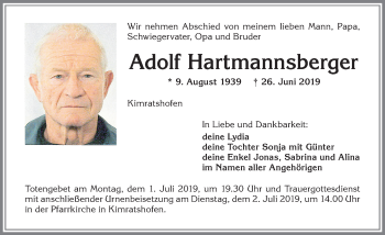 Traueranzeige von Adolf Hartmannsberger von Allgäuer Zeitung,Kempten