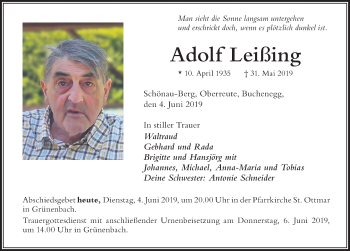 Traueranzeige von Adolf Leißing von Der Westallgäuer