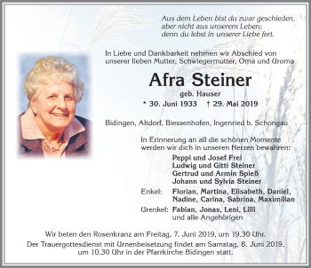 Traueranzeige von Afra Steiner von Allgäuer Zeitung