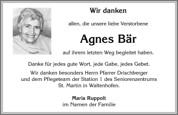 Traueranzeige von Agnes Bär von Allgäuer Zeitung,Kempten