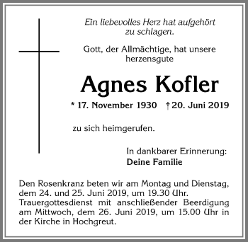 Traueranzeige von Agnes Kofler von Allgäuer Zeitung,Kempten