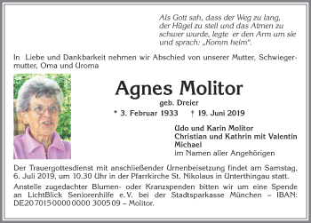 Traueranzeige von Agnes Molitor von Allgäuer Zeitung, Marktoberdorf