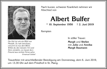 Traueranzeige von Albert Bulfer von Allgäuer Zeitung,Kempten