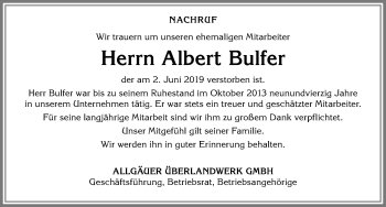 Traueranzeige von Albert Bulfer von Allgäuer Zeitung,Kempten