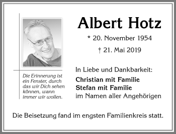 Traueranzeige von Albert Hotz von Allgäuer Zeitung,Kempten