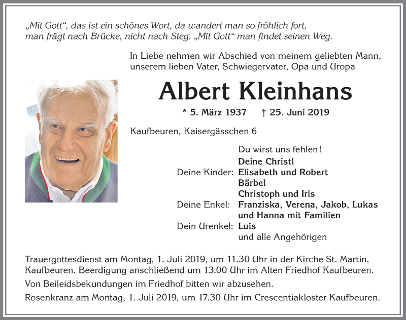  Traueranzeige für Albert Kleinhans vom 28.06.2019 aus Allgäuer Zeitung, Kaufbeuren/Buchloe