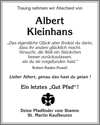 Traueranzeige von Albert Kleinhans von Allgäuer Zeitung, Kaufbeuren/Buchloe