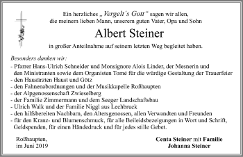 Traueranzeige von Albert Steiner von Allgäuer Zeitung, Füssen