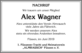 Traueranzeige von Alex Wagner von Allgäuer Zeitung, Füssen