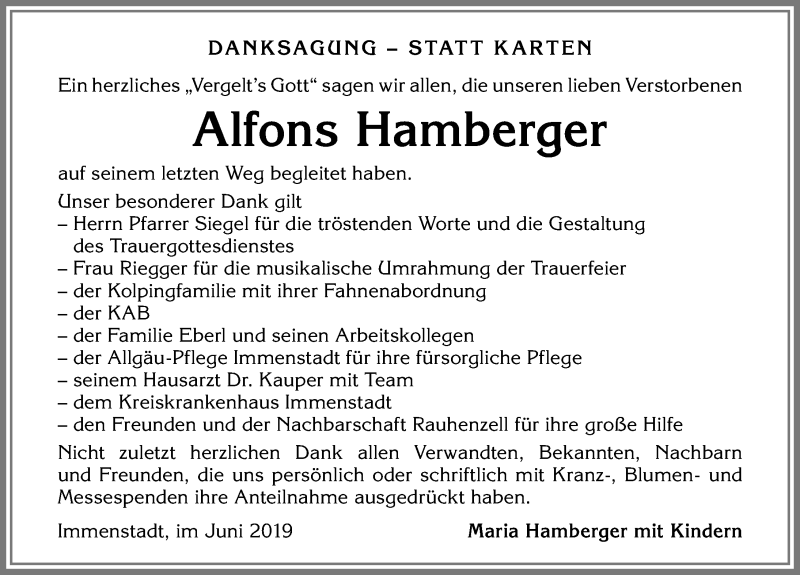  Traueranzeige für Alfons Hamberger vom 14.06.2019 aus Allgäuer Anzeigeblatt