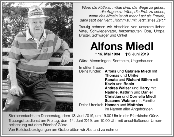 Traueranzeige von Alfons Miedl von Memminger Zeitung