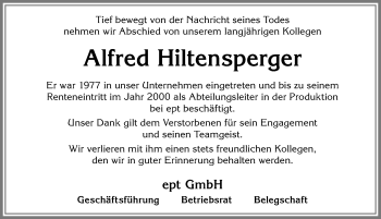Traueranzeige von Alfred Hiltensperger von Allgäuer Zeitung, Füssen