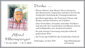 Traueranzeige von Alfred Hiltensperger von Allgäuer Zeitung, Füssen