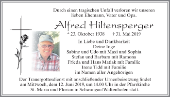Traueranzeige von Alfred Hiltensperger von Allgäuer Zeitung, Füssen