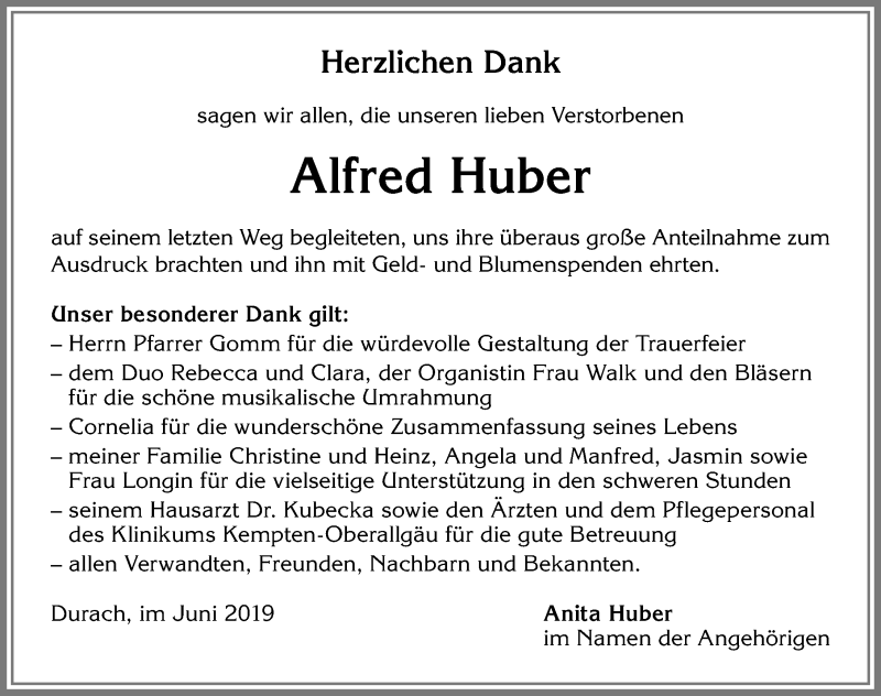  Traueranzeige für Alfred Huber vom 22.06.2019 aus Allgäuer Zeitung,Kempten
