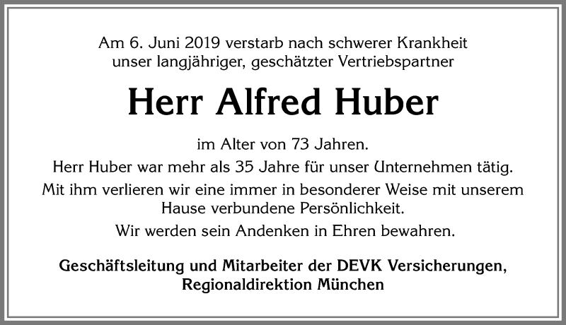  Traueranzeige für Alfred Huber vom 14.06.2019 aus Allgäuer Zeitung,Kempten