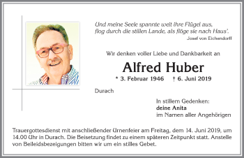 Traueranzeige von Alfred Huber von Allgäuer Zeitung,Kempten