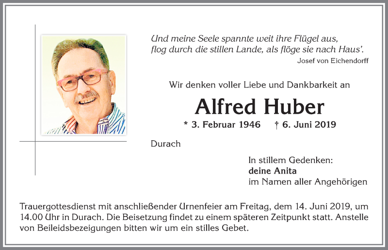  Traueranzeige für Alfred Huber vom 12.06.2019 aus Allgäuer Zeitung,Kempten