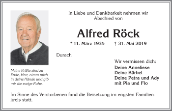 Traueranzeige von Alfred Röck von Allgäuer Zeitung,Kempten
