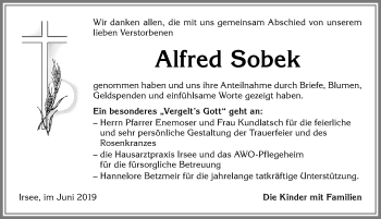 Traueranzeige von Alfred Sobek von Allgäuer Zeitung, Kaufbeuren/Buchloe