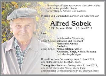 Traueranzeige von Alfred Sobek von Allgäuer Zeitung, Kaufbeuren/Buchloe