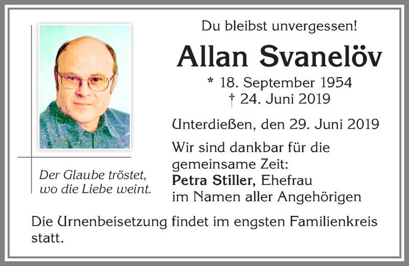  Traueranzeige für Allan Svanelöv vom 29.06.2019 aus Allgäuer Zeitung