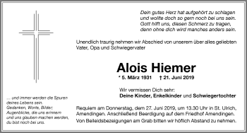 Traueranzeige von Alois Hiemer von Memminger Zeitung