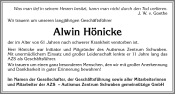 Traueranzeige von Alwin Hönicke von Allgäuer Zeitung, Gesamtausgabe