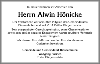 Traueranzeige von Alwin Hönicke von Allgäuer Zeitung