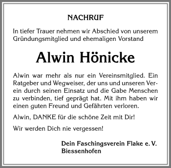 Traueranzeige von Alwin Hönicke von Allgäuer Zeitung