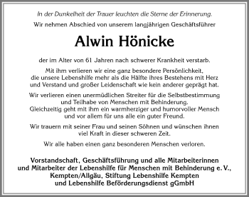 Traueranzeige von Alwin Hönicke von Allgäuer Zeitung, Gesamtausgabe