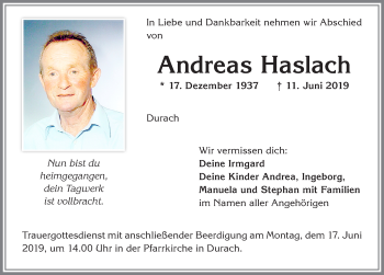 Traueranzeige von Andreas Haslach von Allgäuer Zeitung,Kempten
