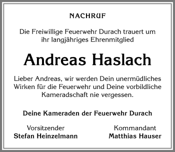 Traueranzeige von Andreas Haslach von Allgäuer Zeitung,Kempten