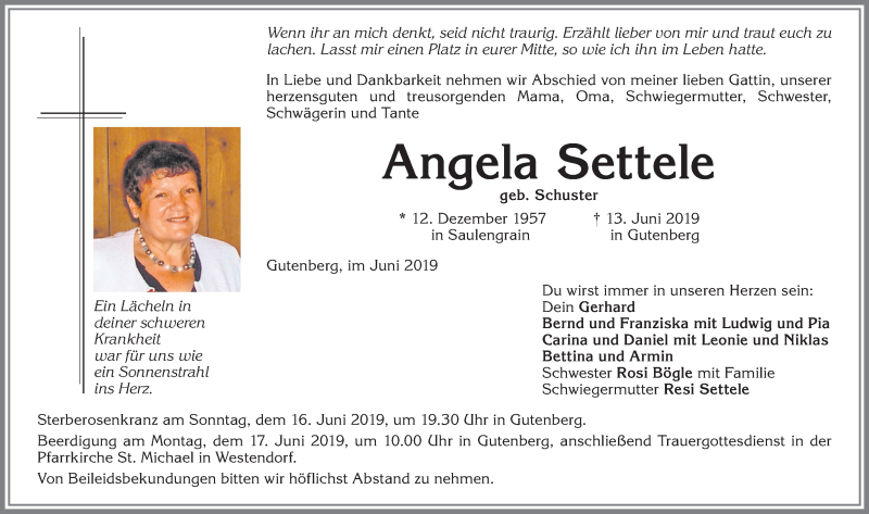 Traueranzeige für Angela Settele vom 15.06.2019 aus Allgäuer Zeitung