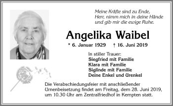 Traueranzeige von Angelika Waibel von Allgäuer Zeitung,Kempten