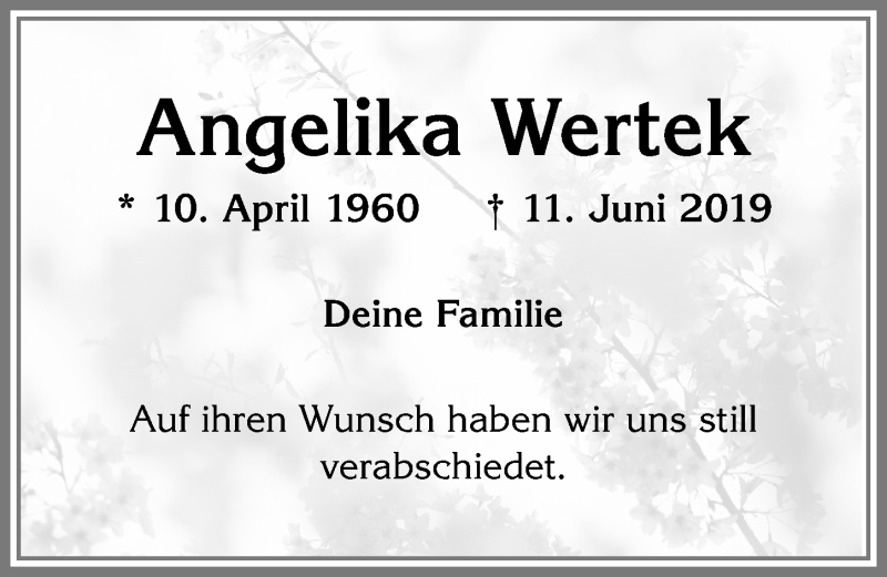  Traueranzeige für Angelika Wertek vom 18.06.2019 aus Allgäuer Zeitung, Marktoberdorf