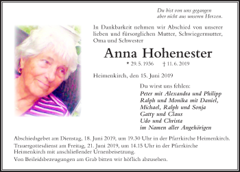 Traueranzeige von Anna Hohenester von Der Westallgäuer