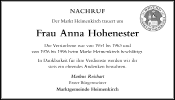 Traueranzeige von Anna Hohenester von Der Westallgäuer