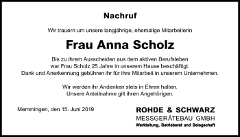 Traueranzeige von Anna Scholz von Memminger Zeitung