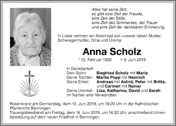 Traueranzeige von Anna Scholz von Memminger Zeitung