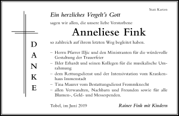 Traueranzeige von Anneliese Fink von Der Westallgäuer