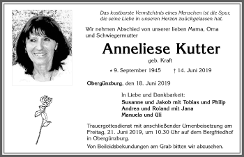 Traueranzeige von Anneliese Kutter von Allgäuer Zeitung, Marktoberdorf