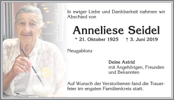 Traueranzeige von Anneliese Seidel von Allgäuer Zeitung, Kaufbeuren/Buchloe