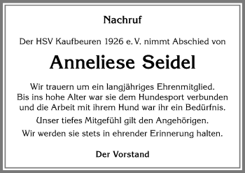 Traueranzeige von Anneliese Seidel von Allgäuer Zeitung, Kaufbeuren/Buchloe