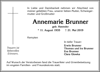 Traueranzeige von Annemarie Brunner von Allgäuer Zeitung,Kempten