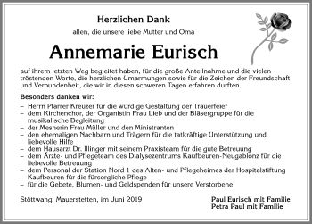 Traueranzeige von Annemarie Eurisch von Allgäuer Zeitung, Kaufbeuren/Buchloe
